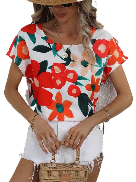 

floral print batwing sleeve blouse a40w#, White