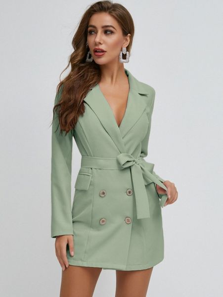 

sbetro double button belted blazer dress a5d8#, White