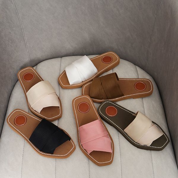 Designer-Slipper für Damen, Woody, flache Mule-Sandalen, solide Leinwand, Spitze, modische Damen-Sandale, luxuriöser Schuh, Strand-Slider mit Box