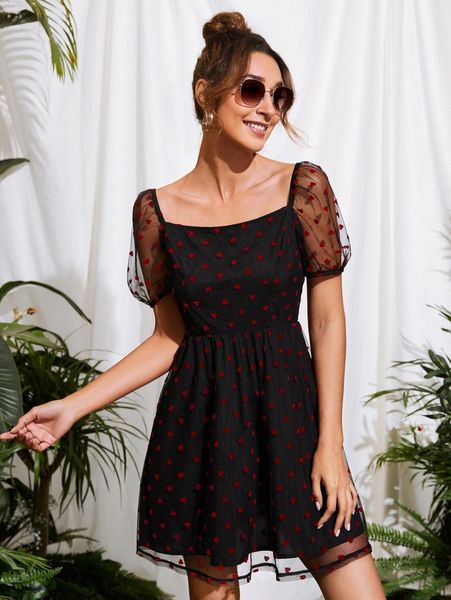 

heart print mesh panel dress w6tr#, Black;gray