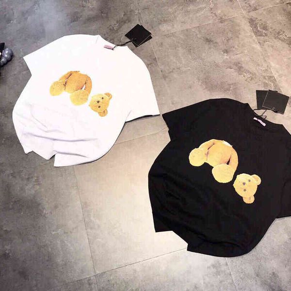 

22 spring and summer new fashion couple digital spray printed broken bear letters casual loose round neck short sleeve t-shirt, White