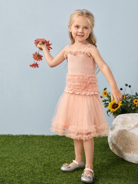 

toddler girl shirred cami & frilled mesh skirt set she, White