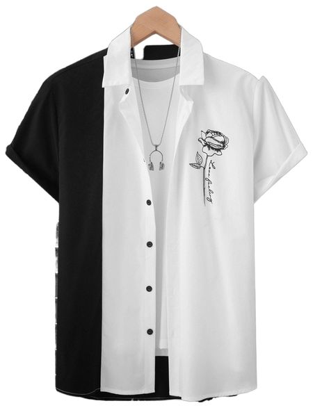 

men letter & floral print two tone shirt without tee s8zo#, White;black