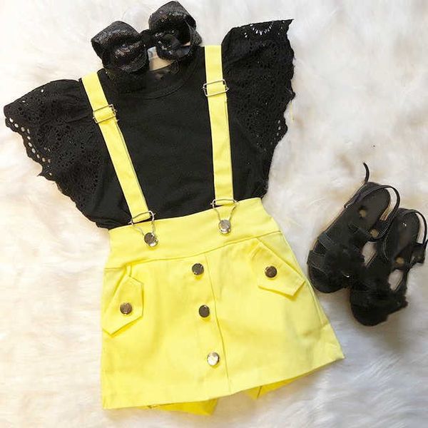 

2-7y toddler baby girls clothes sets 2 colors lace short sleeve black t shirts bib overalls shorts 2pcs, White