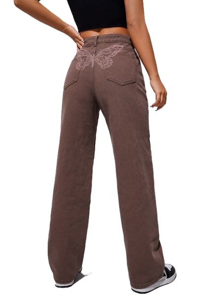 

butterfly print straight leg jeans f34a#, Blue