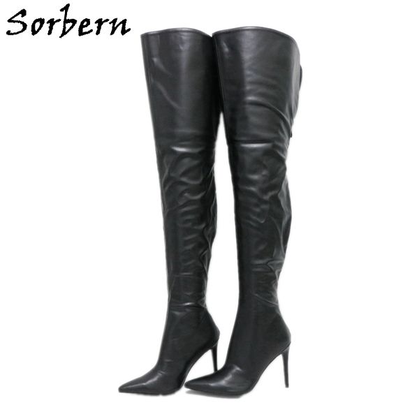 

sorbern black matt boots women stilettos high heel pointed toe open back custom wide fit thigh mid shaft fetish shoes