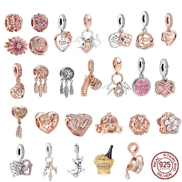 Ciondoli in argento sterling 925 Ciondoli margherita rosa in oro rosa adatti perline originali Braccialetti Pandora originali per creazione di gioielli regalo fai da te