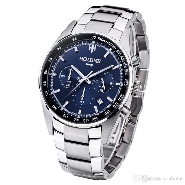 

men's watch brand luxury fashion quartz watch blue dial silver steel, Slivery;brown