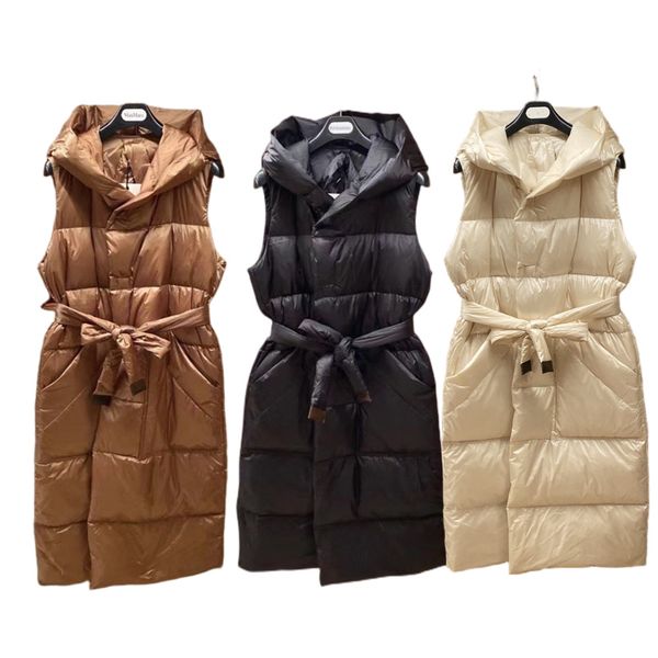 

high end version luxury dersigners women's down slinky coats adjustable waist sleeveless hat jackets parka winter warm white goose down, Black