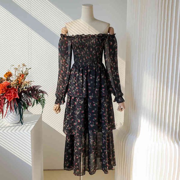 

casual dresses foreign trade original single sweet one line collar off shoulder printed chiffon cake mid length skirt holiday dress, Black;gray
