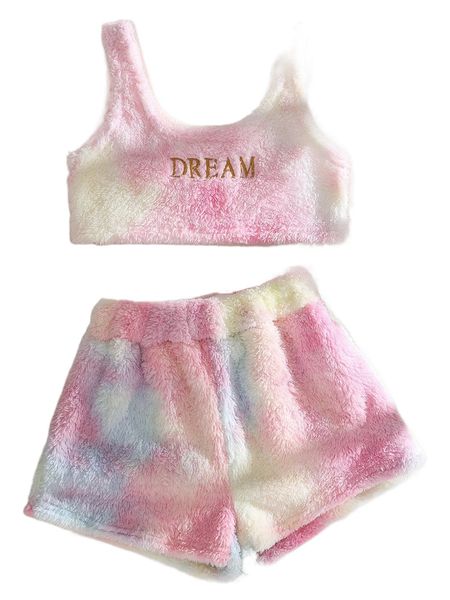 

letter embroidery tie dye flannel tank & shorts 08zy#, White