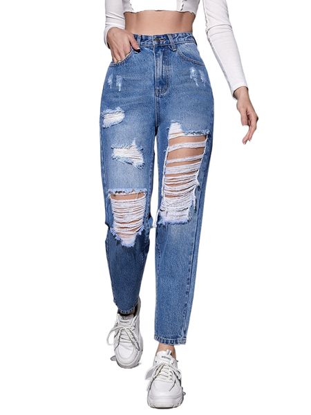 

high waisted ripped mom fit jeans 08dd#, Blue