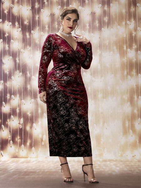 

plus floral print surplice neck velvet dress z2uq#, Black