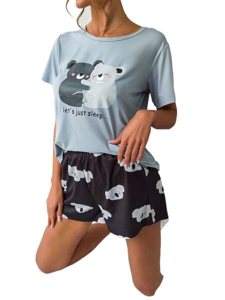 

cartoon & slogan graphic tee & shorts pj set 85ch#, Black;red