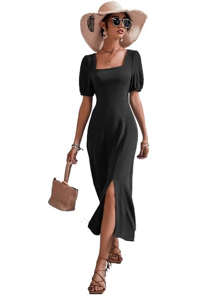 

puff sleeve square neck split thigh cut out tie back dress r65p#, Black;gray