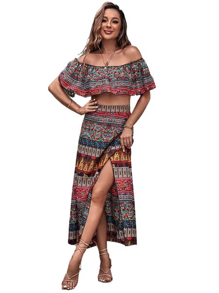 

graphic print off shoulder ruffle trim crop & split thigh skirt q1ky#, White