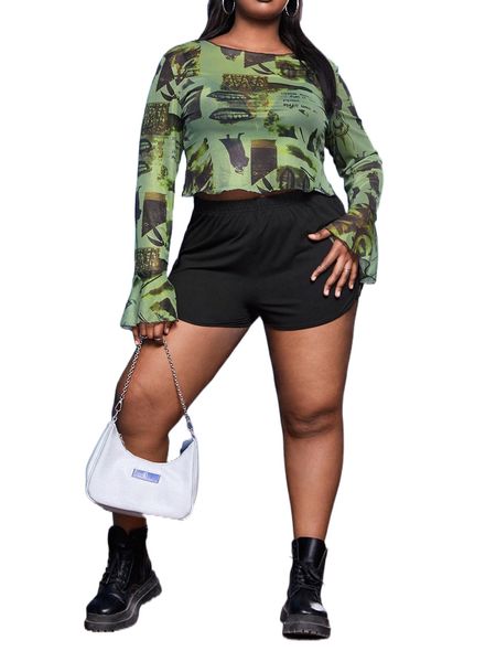 

sxy plus mesh flounce sleeve crop 82aa#, Black