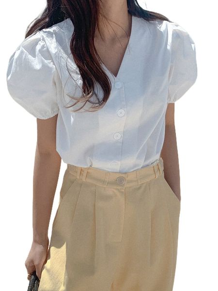 

dazy button front puff sleeve blouse y9fk#, White