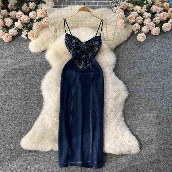 

casual dresses split high waist denim dress women's summer medium length stitched printed suspender skirt ws62, Black;gray