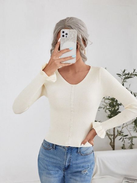 

flounce sleeve pearls ribbed knit sweater 33qm#, White;black