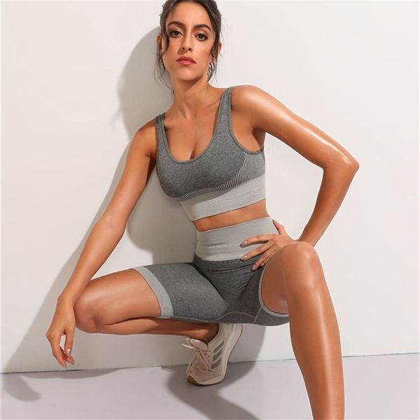 

seamless yoga set women gray dry fit 2 piece tight crop shorts sport set summer workout outfit fitness clothes rid gym sets t200610