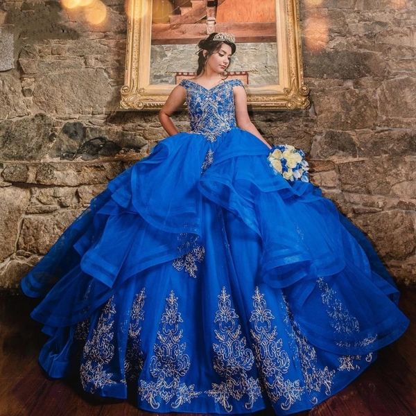 Vestidos de 15 anos 2024 azul real vestidos quinceanera babados rendas apliques doce 16 vestidos de aniversário meninas mexicanas vestido xv