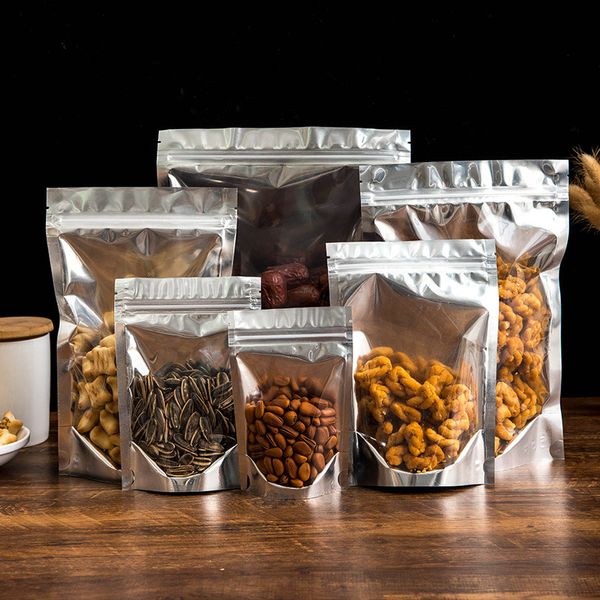 50Pcs Imballaggio per alimenti Foglio di alluminio Stand Up Bag Conservazione domestica Tè Chicchi di caffè Forniture Borse con finestra richiudibile