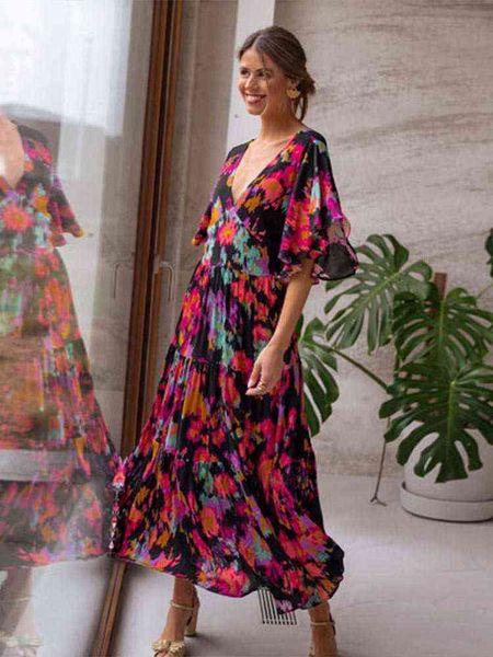 

women printed backless chiffon v neck dress 2022 summer fashion casual loose ruffle short sleeve dress female resort wear t220816, Black;gray