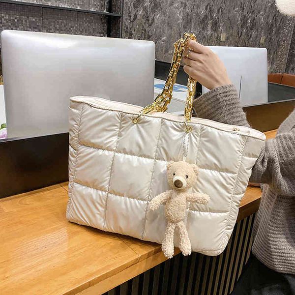 

large capacity pu women's handbag bags shoulder bag chain cotton padded white tote red black sling winter spring bags with toy 220505