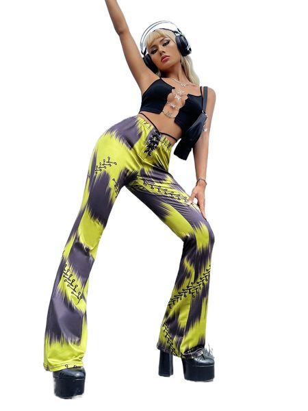 

tie dye grommet lace up boot-cut leg pants 11is#, Black;white