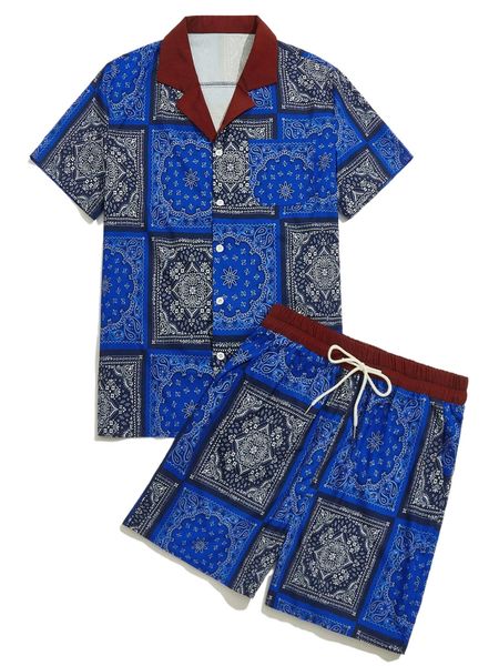 

romwe guys paisley & scarf print shirt & drawstring shorts 11i3#, Gray