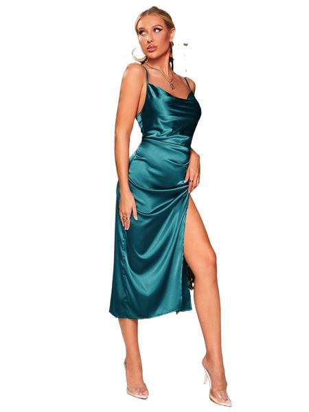 

ruched split thigh satin cami dress 78pg#, Black;gray