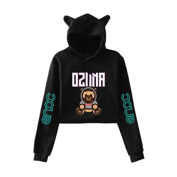 

ozuna enoc crop hoodie women kawaii cat ears harajuku cropped sweatshirt streetwear hip hop long sleeves pullover 284c, Black