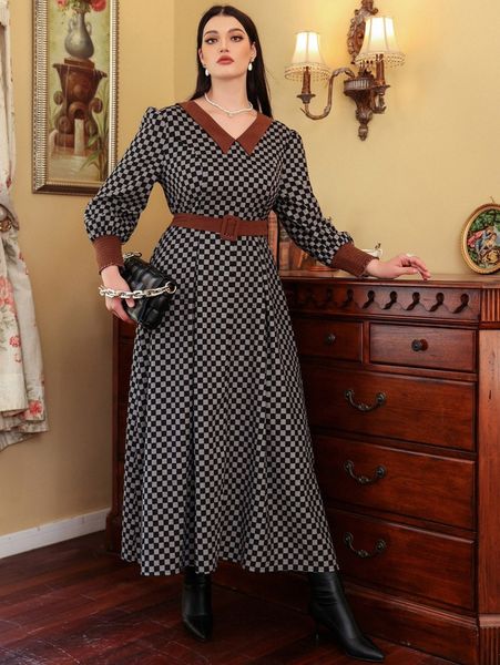 

plus checker print contrast collar lantern sleeve belted dress 22v0#, Black