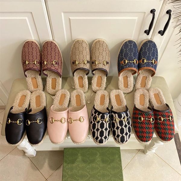 

designer wool slippers winter women princetown loafers luxury classic metal buckle embroidery cotton shoes ladies warm lazy slides265s, Black