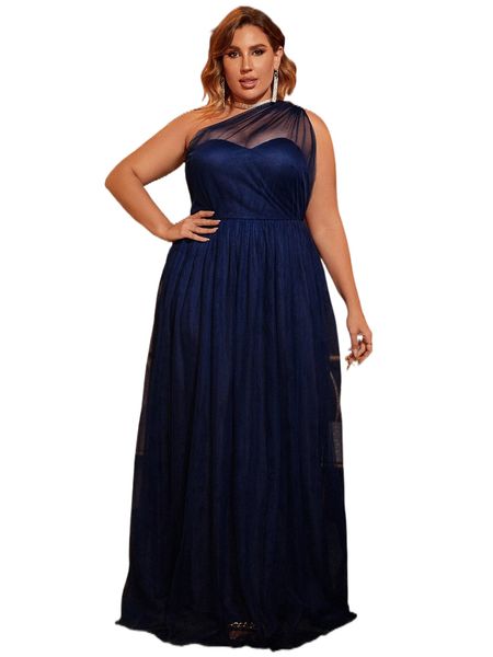 

plus one shoulder mesh maxi dress n5ta#, Black