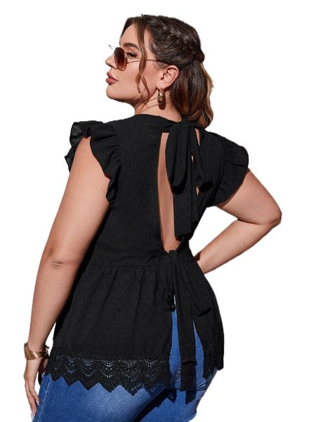 

plus tie back contrast guipure lace flutter sleeve blouse d6ms#, Black