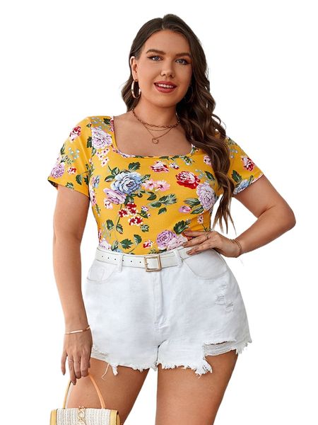 

plus floral square neck tee k4ws#, Black
