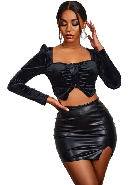 

sxy asymmetrical hem gigot sleeve ruched crop velvet c94j#, White