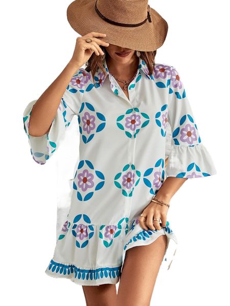 

random floral print flounce sleeve ruffle hem dress v73w#, Black;gray