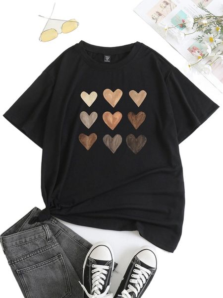 

plus heart print tee p1ht#, Black