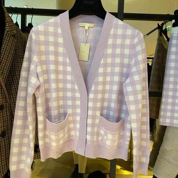 

women's knits & tees maje women's contrast checked snap knit cardigan, White