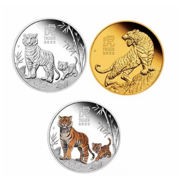 

10pcs non magnetic craft australia zodiac animal year of the tiger silver &gold plated coin 1oz painted commemorative medal collection