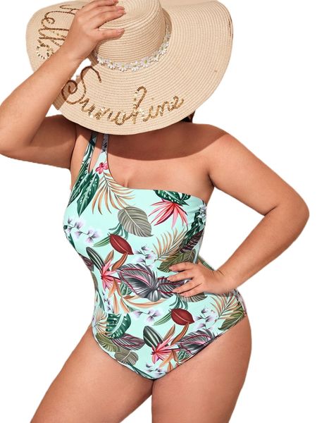 

plus plant print one shoulder one piece swimsuit q0rv#, White;black