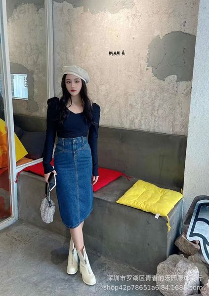 

skirts designer ce home 2022 early spring new washed denim skirt with high waist and thin back split a-shaped bag hip for women tnoh, Black