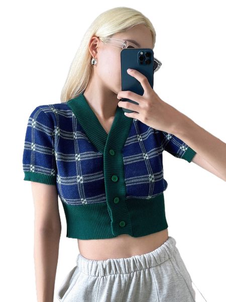 

dazy plaid pattern contrast trim crop cardigan 45og#, White;black