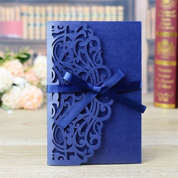 10pcs Laser Cut Invitation Lace Flower Menu Correta Personalizar com Rsvp Cartão Ribbon Party Decoration 220711