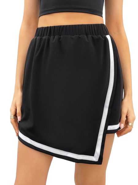 

high waist contrast trim wrap skirt z5jt#, Black