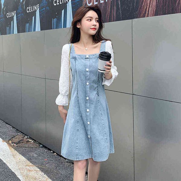 Mulheres grávidas que amamentam vestido de manga comprida colarinho quadrado renda de retalhos de jeans Aline vestido de maternidade vestido de enfermagem J220628