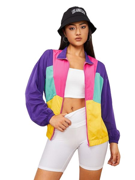 

color block drop shoulder jacket w61j#, Black;brown